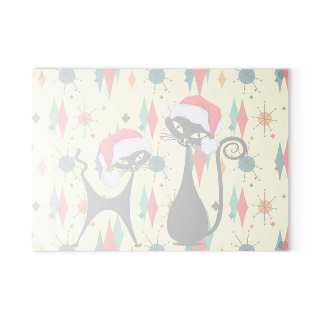 Christmas Atomic cat retro Glass Cutting Board, Franciscan starburst, Kitschy Christmas, Xmas kitchen decor, Mid Century chopping board