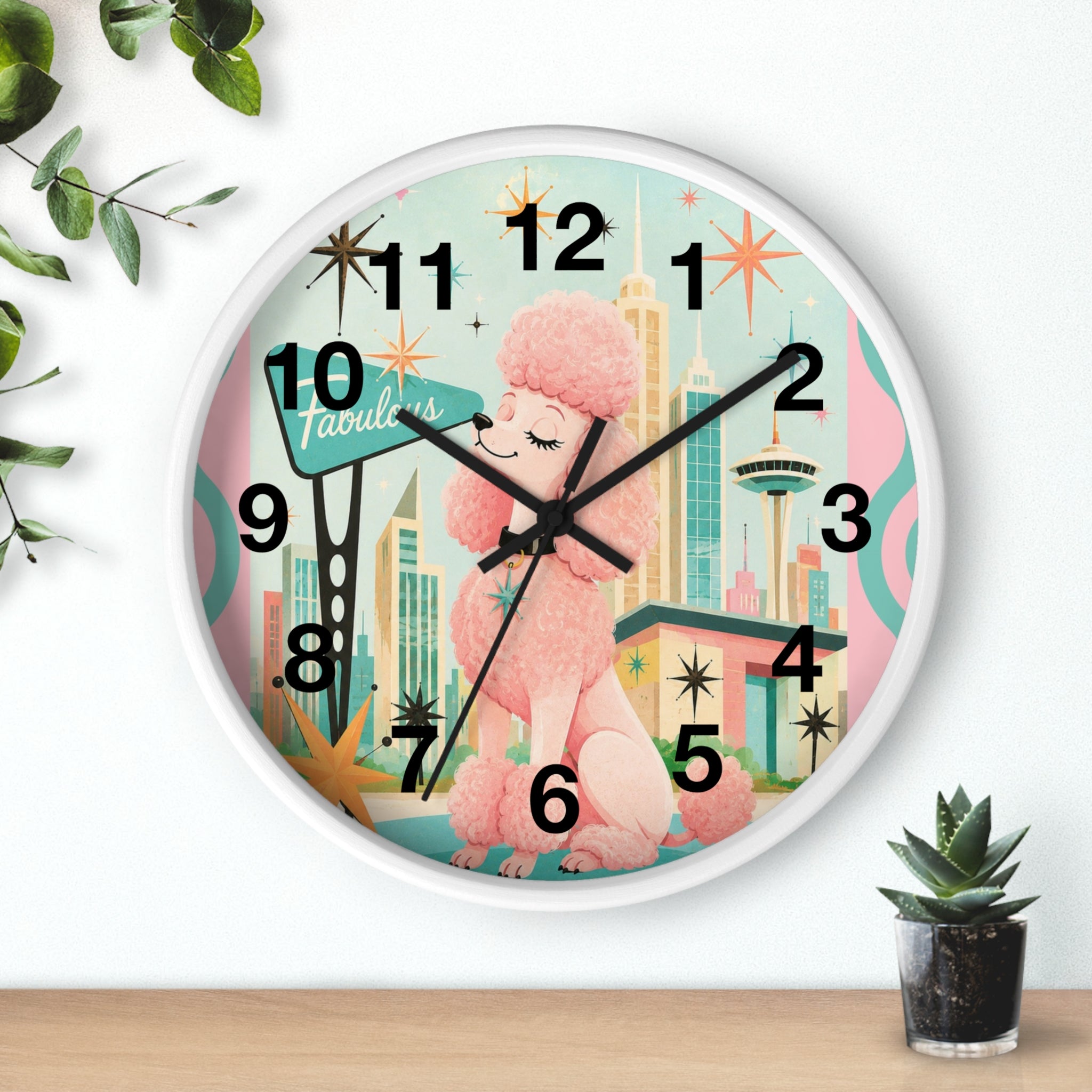 Pink Retro Poodle Wall Clock | Mid Century Atomic City Scene