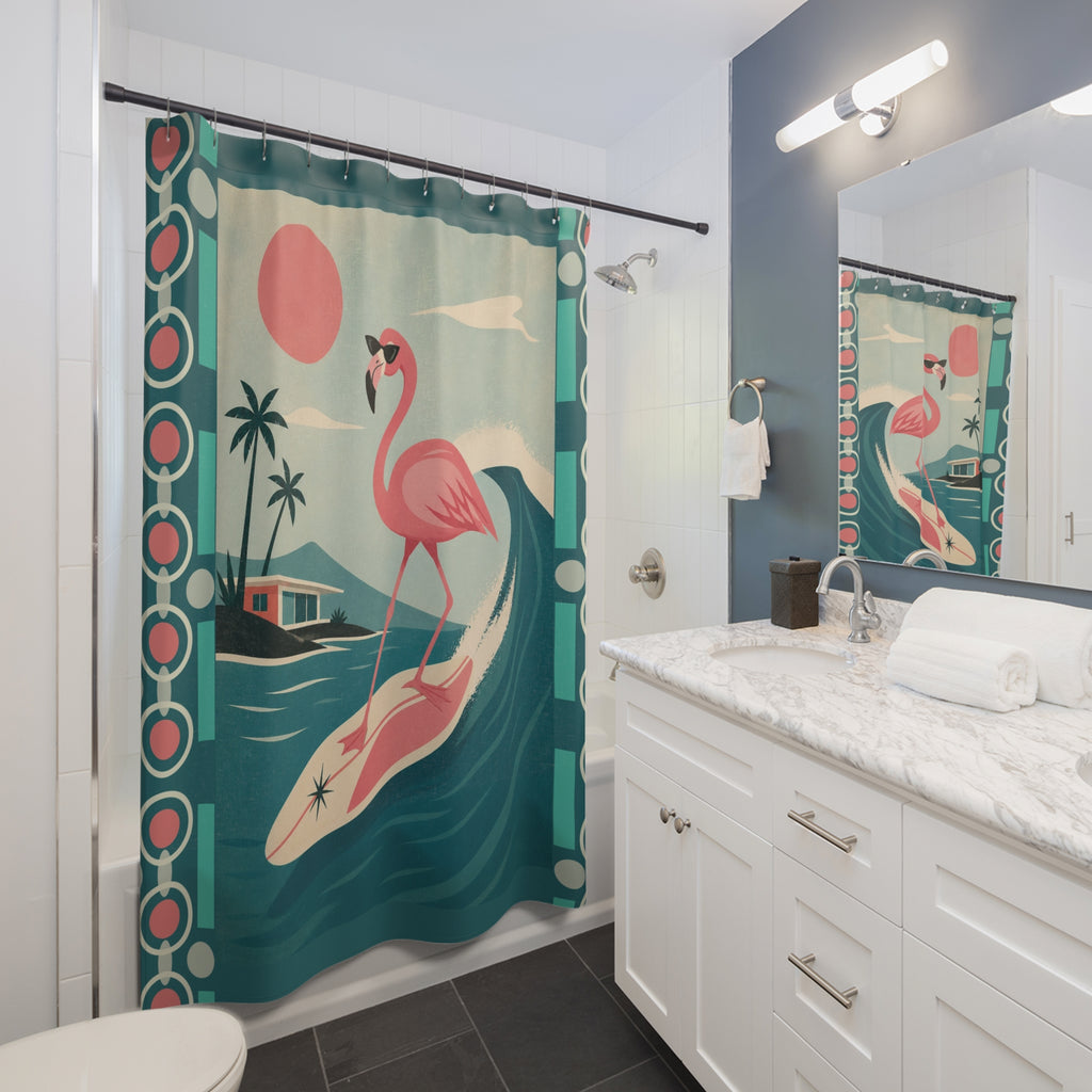 Retro Flamingo Surfing Shower Curtain | Mid Mod Tropical Beach Vibe