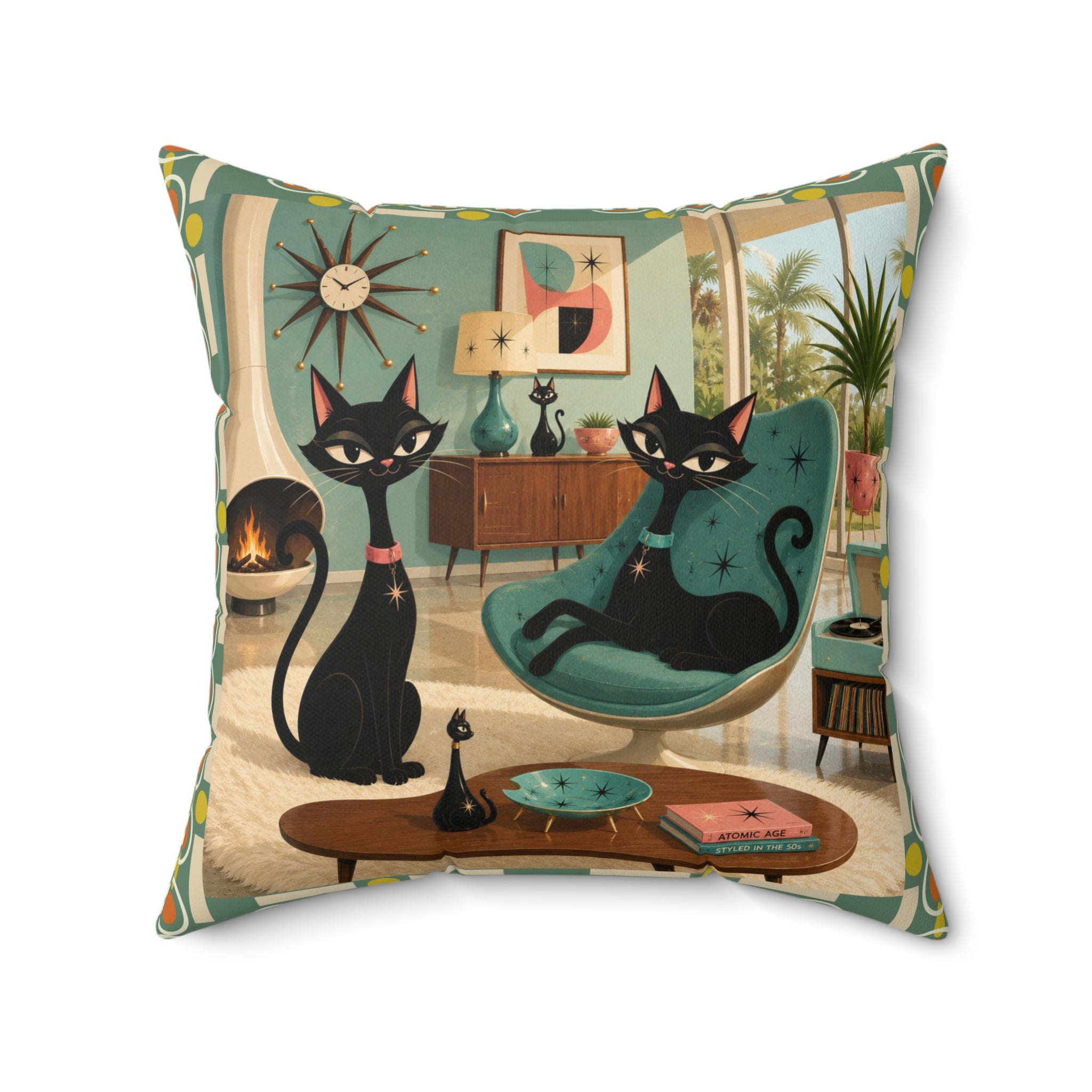 Mid Century Atomic Black Cats Pillow | Retro Living Room Cat Illustration