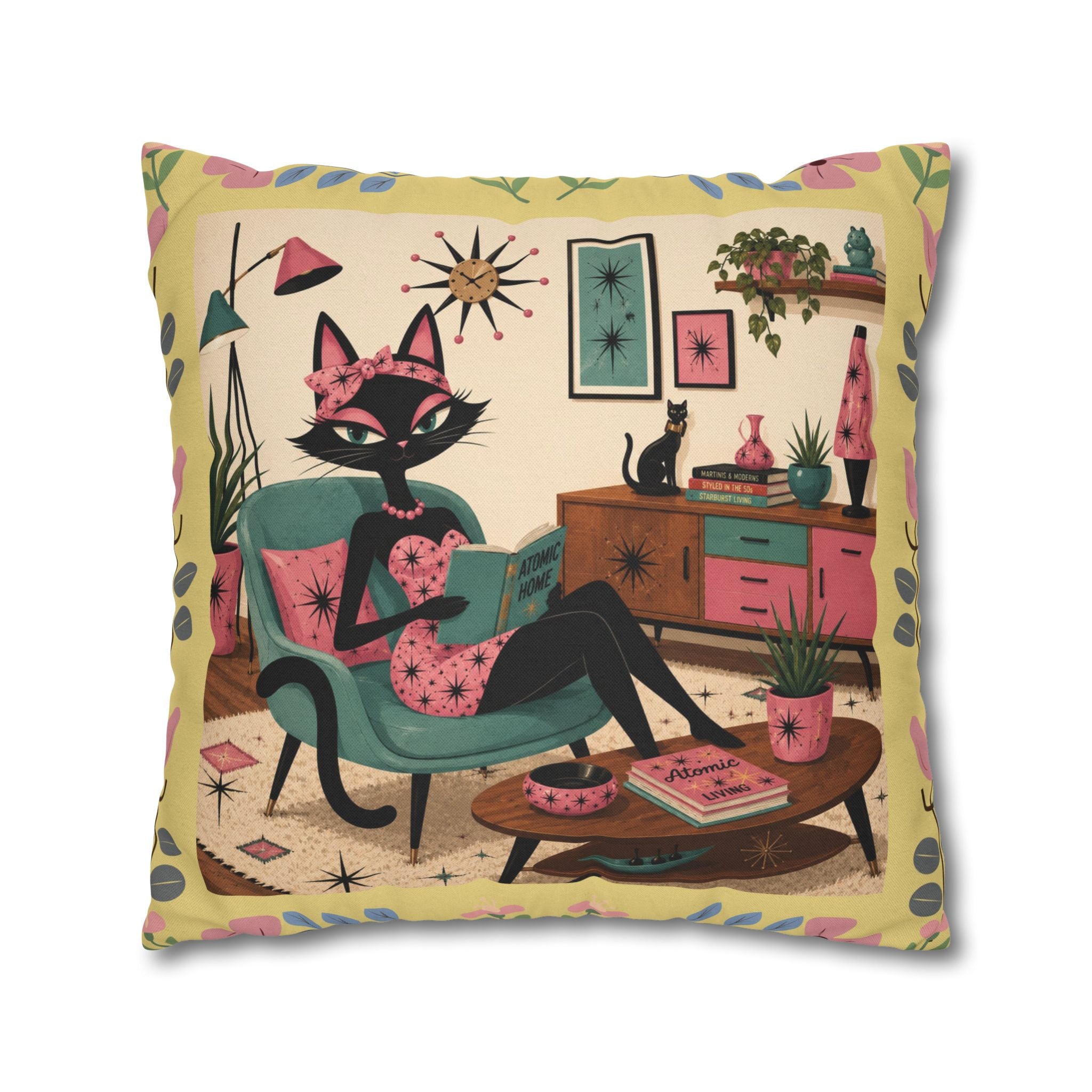 Retro Mid Century Atomic Cat Lounge Pillowcase | Square Pillowcase - COVER ONLY