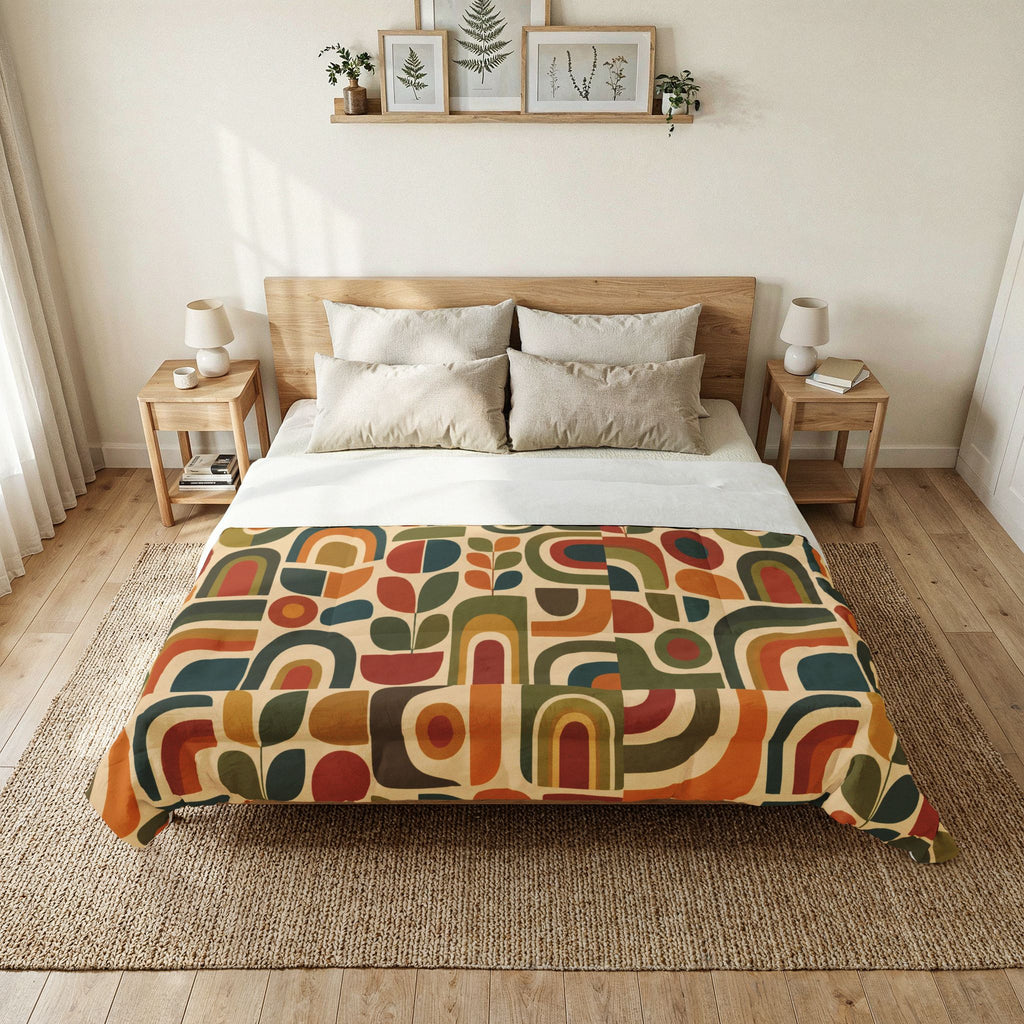 Retro Geometric Pattern Comforter | Mid Century Shapes, Earth Tones