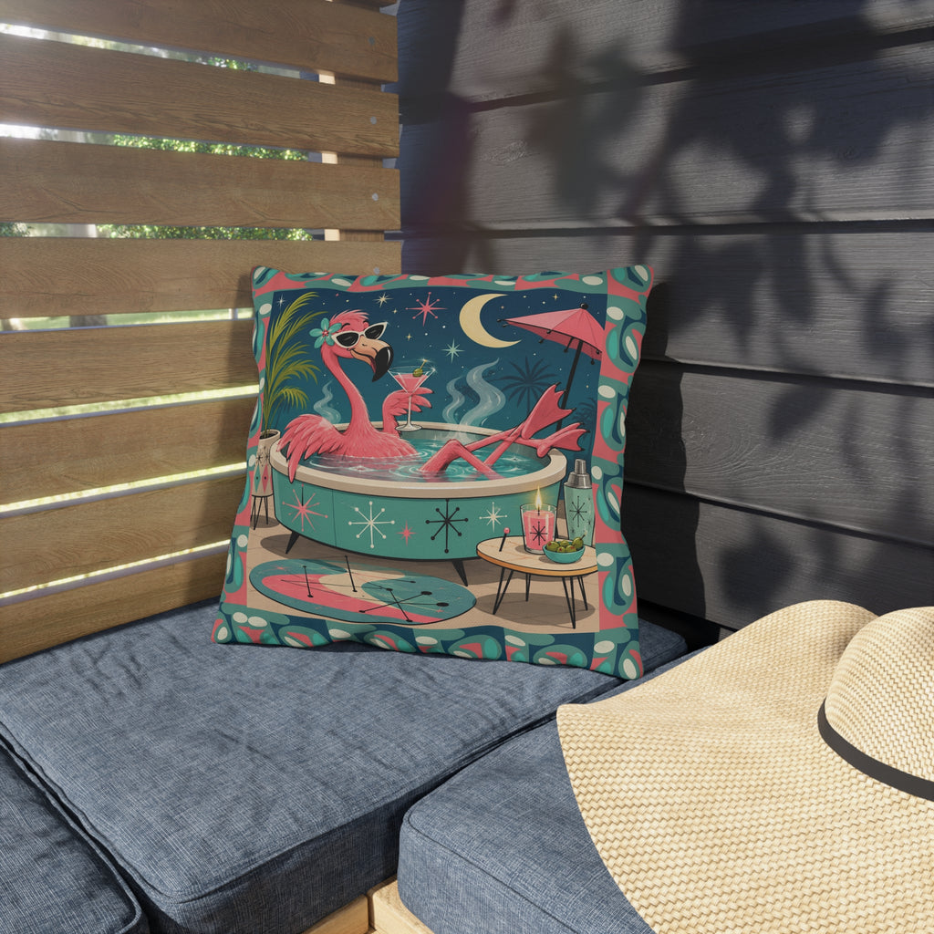 Retro Flamingo in Hot Tub Outdoor Pillow | Mid Century Tropical Patio Decor
