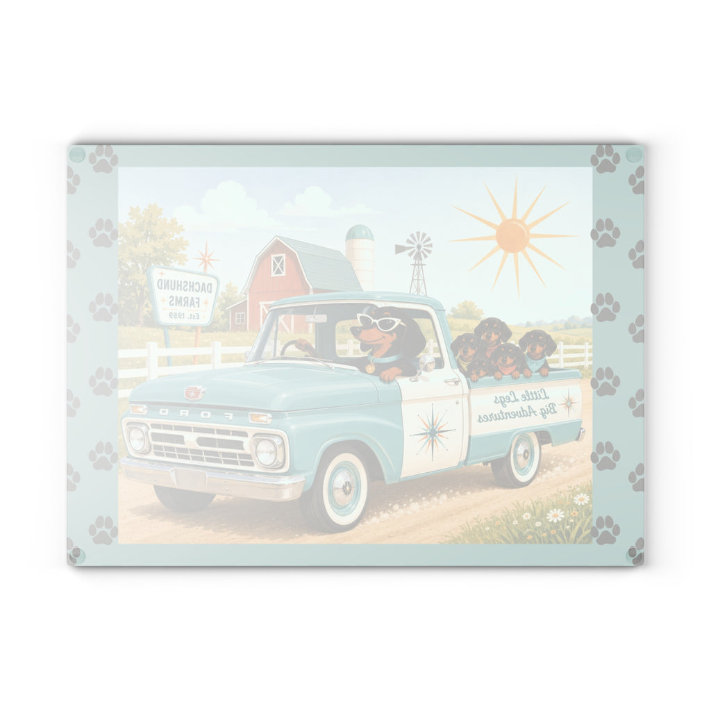 MCM Dachshund Farm Truck Glass Cutting Board | Retro Doxie Dogs Kitchen Decor