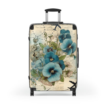 Big blue pansy Suitcase on wheels with planes, holiday weekend, carry on luggage, large roller suitcase, floral travel luggage