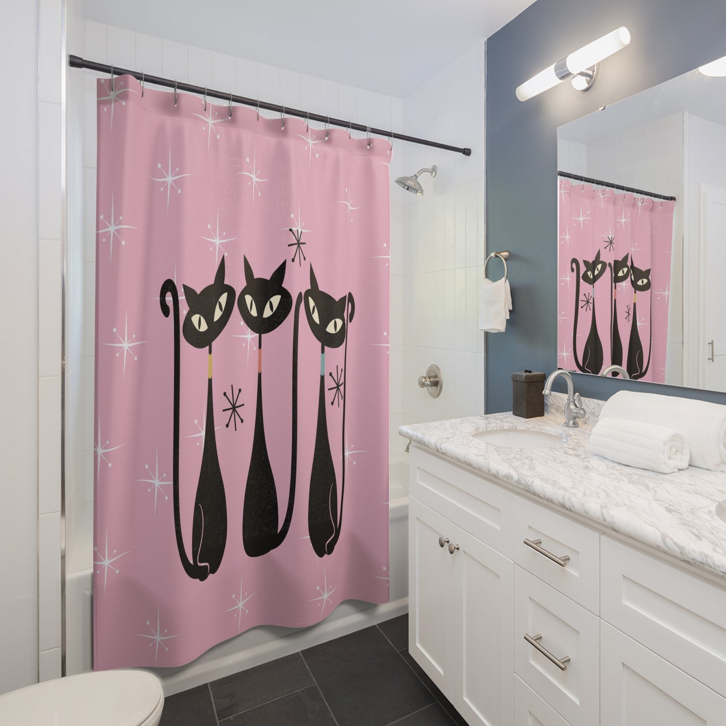 Atomic cat starburst pink Shower Curtain, retro bathroom, 50s 60s decor, black cat lover gift, cute bathtub or stall, Mid Century