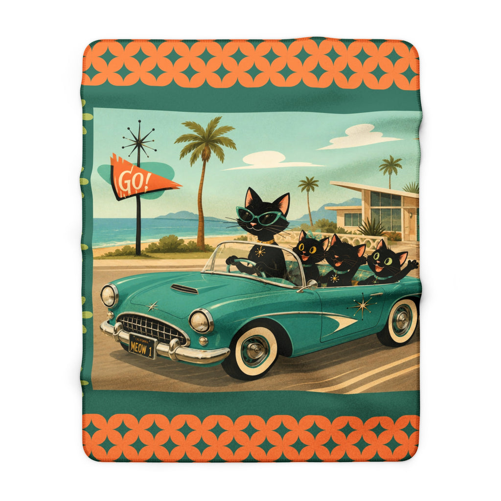 Retro Black Atomic Cats Driving Convertible Sherpa Blanket | Vintage Beach Roadtrip