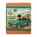 Retro Black Atomic Cats Driving Convertible Sherpa Blanket | Vintage Beach Roadtrip