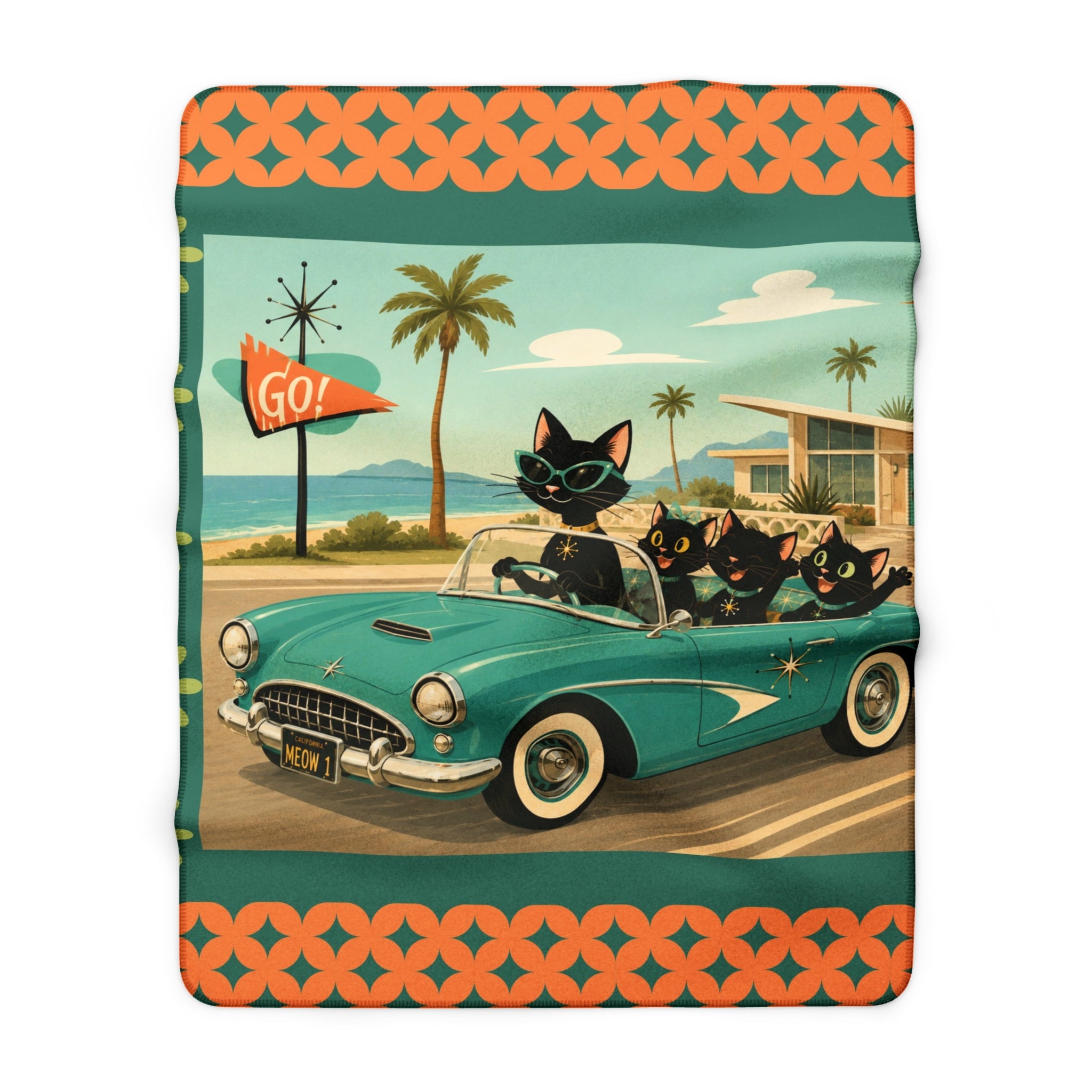 Retro Black Atomic Cats Driving Convertible Sherpa Blanket | Vintage Beach Roadtrip