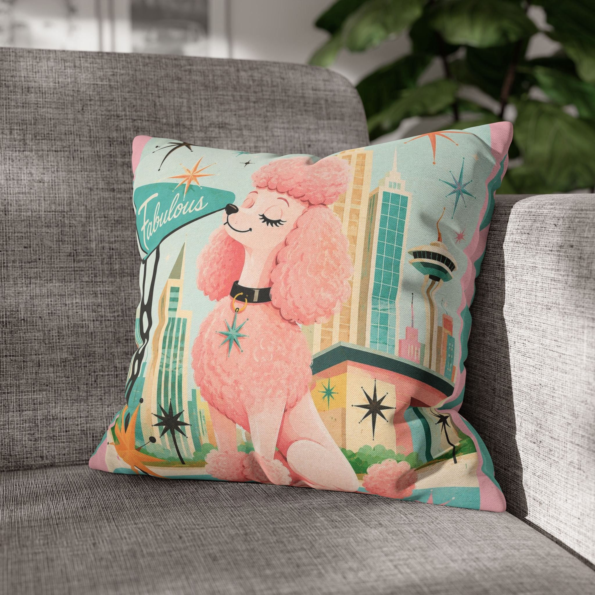 Fabulous Pink Poodle Pillowcase Spun Polyester Square Pillowcase | Retro Mid-Century Dog - COVER ONLY
