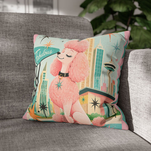 Fabulous Pink Poodle Pillowcase Spun Polyester Square Pillowcase | Retro Mid-Century Dog - COVER ONLY