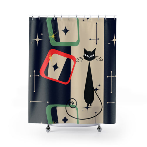Atomic cat MCM retro shapes red green blue beige Shower Curtain, Mid Century Modern, bathtub or stall, Mid Mod Bathroom, housewarming gift