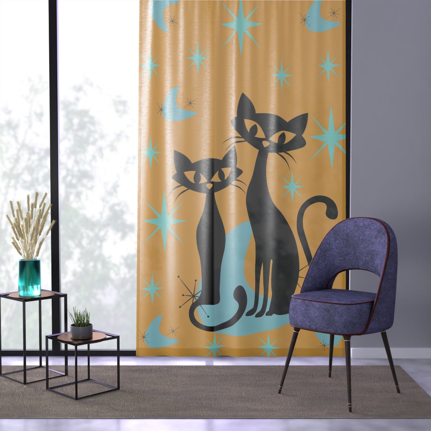 Orange Atomic cat retro inspired sheer Window Curtain, mcm home decor, mid century modern, living room or bedroom curtain