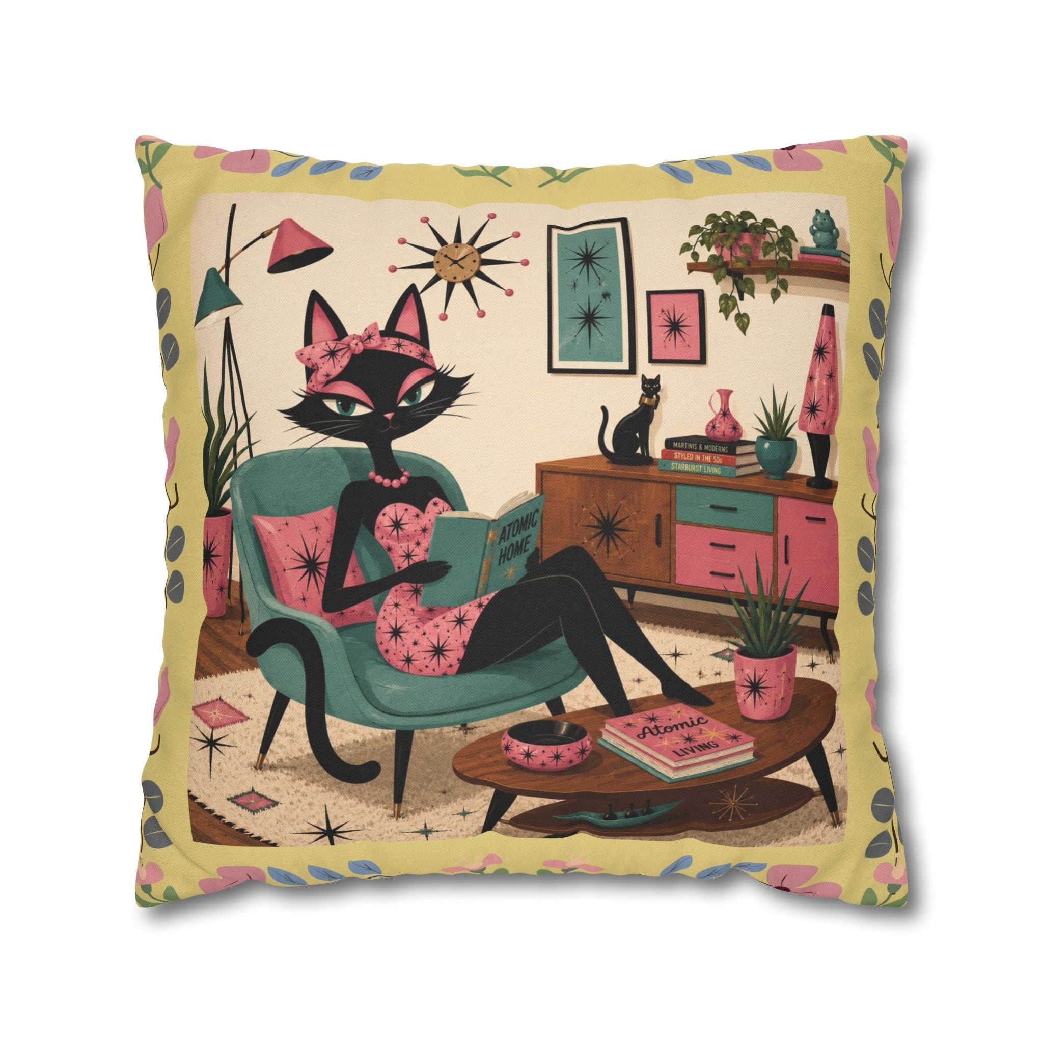 Retro Mid Century Atomic Cat Lounge Pillowcase | Square Pillowcase - COVER ONLY