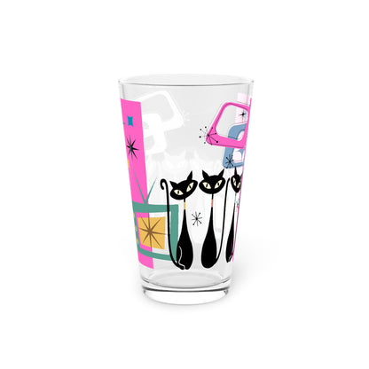 Three Atomic cats retro MCM Pint Glass, 16oz, Mid Century Modern, Cosmic cat, retro party glasses, beer, juice cocktail glass, PRICE IS PER GLASS