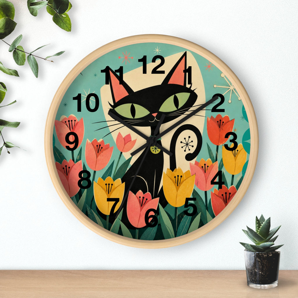 Atomic Black Cat in Tulips Wall Clock | Retro Cat Illustration, Spring Floral