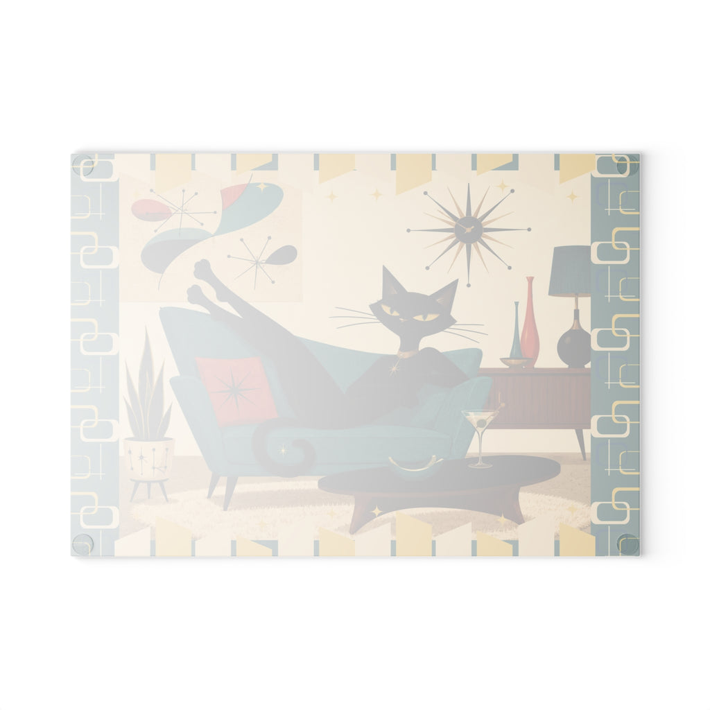 Mid Century Lounge Atomic Cat Glass Cutting Board | Retro Atomic Home Kitchen Decor