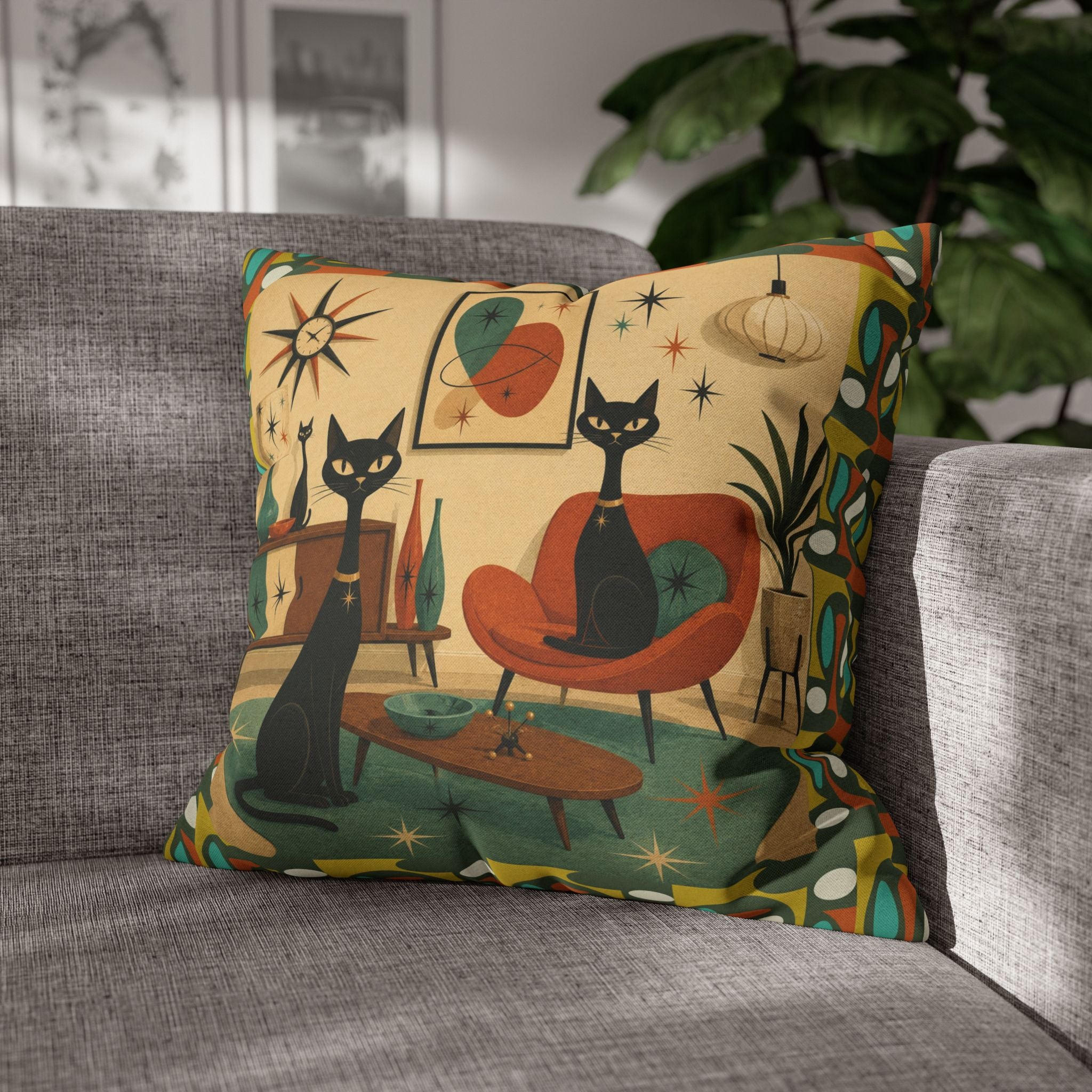 Mid Century Atomic Cats Pillowcase | Retro Atomic Living Room Throw Pillow - COVER ONLY