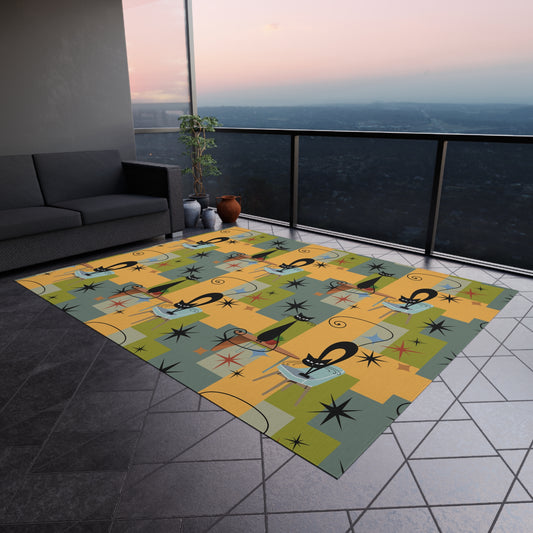 Cute fun Atomic cat retro Outdoor Rug, Mid Century Modern, outdoor patio, deck, outside mat, housewarming gift