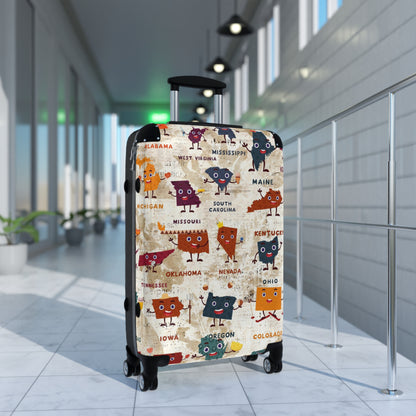 USA little maps travelling Suitcase on wheels, carry on luggage, secure lockable travel case, kids or adults