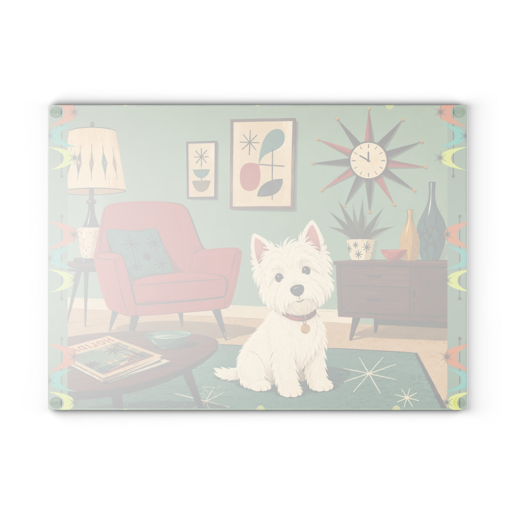 Westie in Mid-Century Living Room Glass Cutting Board | Retro Dog Kitchen Decor