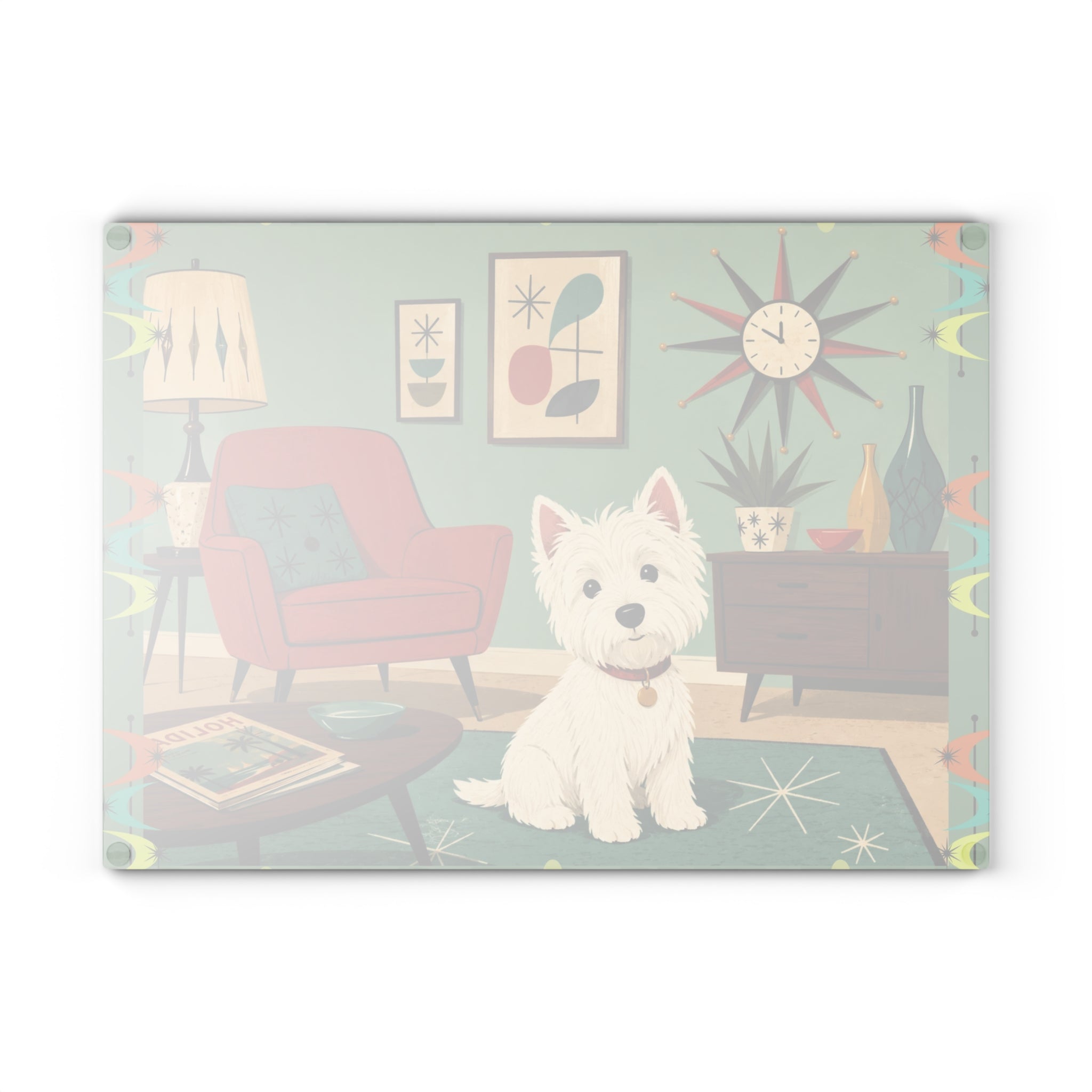 Westie in Mid-Century Living Room Glass Cutting Board | Retro Dog Kitchen Decor