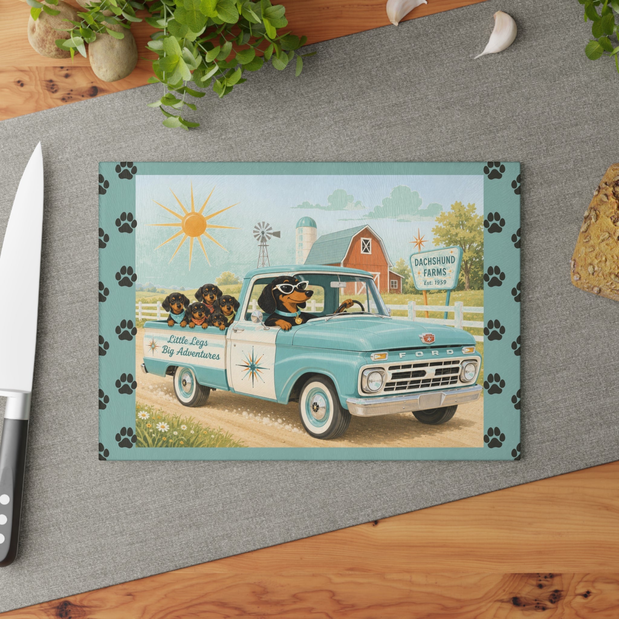 MCM Dachshund Farm Truck Glass Cutting Board | Retro Doxie Dogs Kitchen Decor