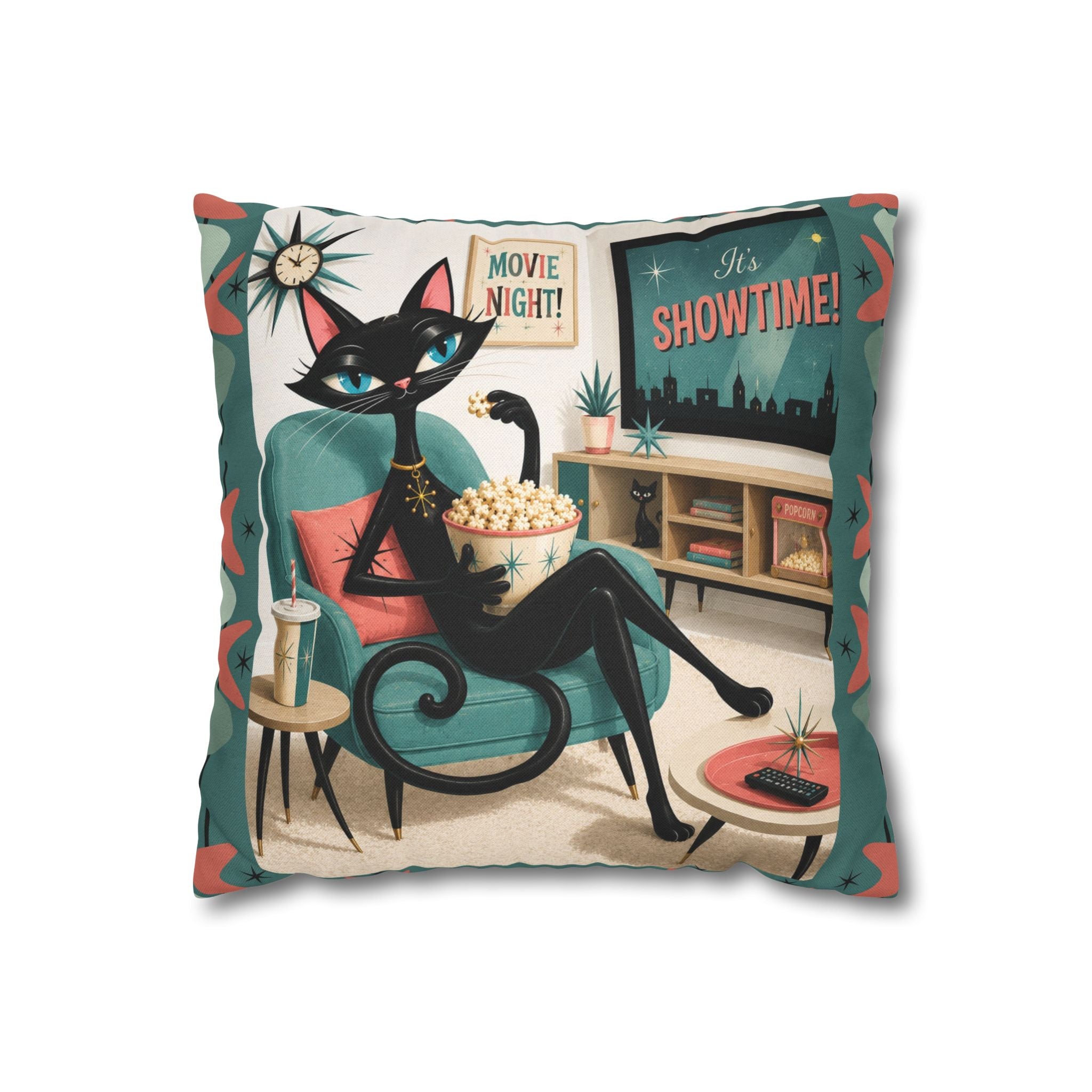 Retro atomic Black Cat Movie Night Pillowcase | MCM Square Pillowcase - Indoor use