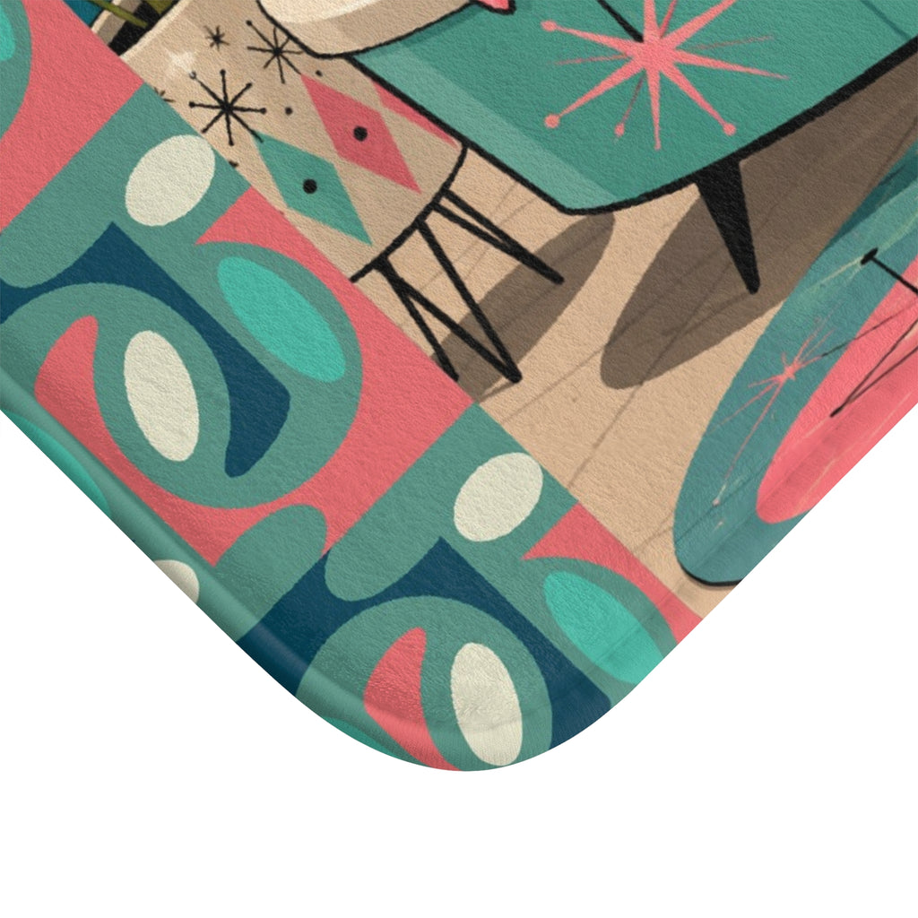Retro Flamingo Pool Art Bath Mat | Mid Century Tiki Tropical Bath Rug