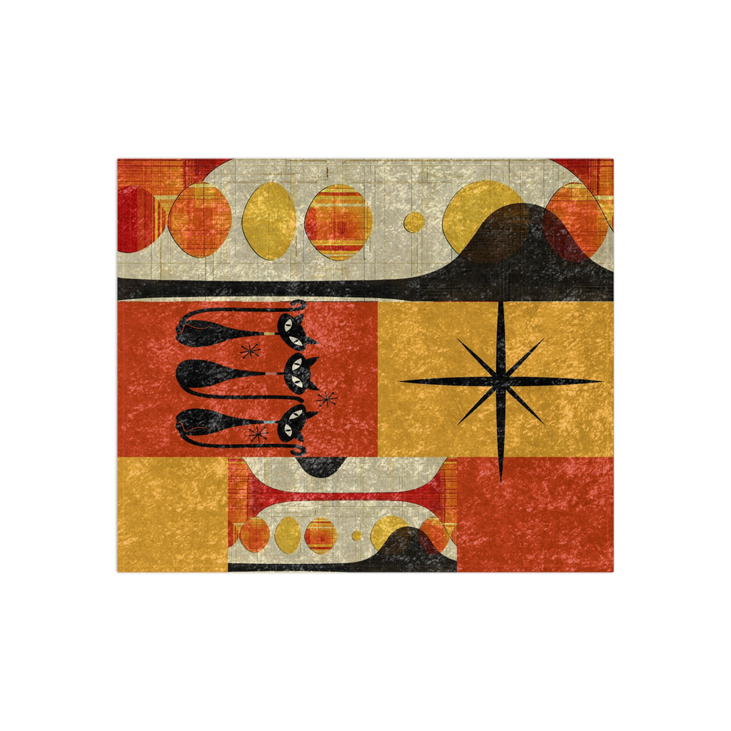 Atomic cat retro orange Crushed Velvet Blanket, MCM throw blanket, Mid Century Modern, couch bed blanket, groovy black cat lover gift