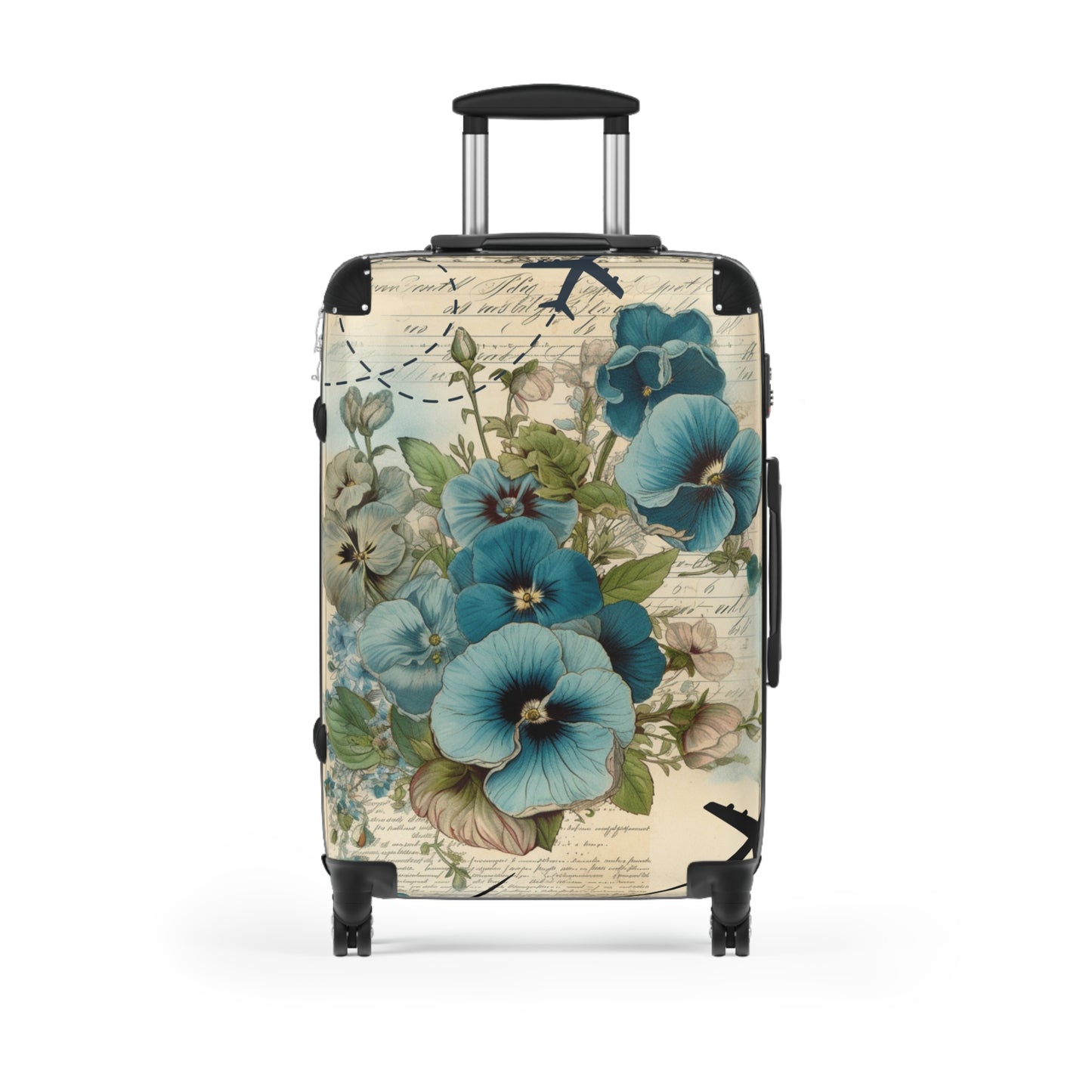 Big blue pansy Suitcase on wheels with planes, holiday weekend, carry on luggage, large roller suitcase, floral travel luggage