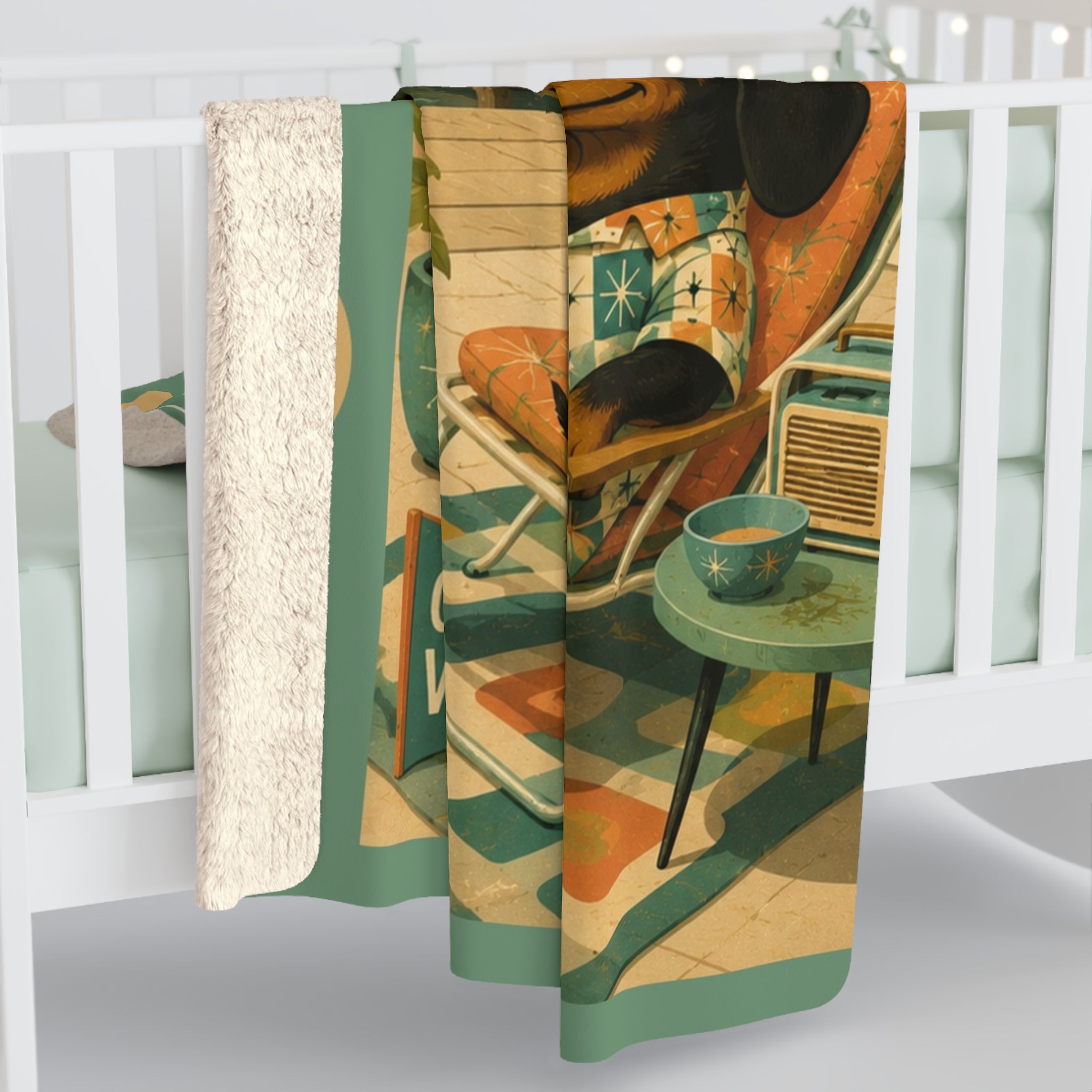 MCM Lake House State of Mind Sherpa Blanket | Retro Dachshund Lake Cabin Art
