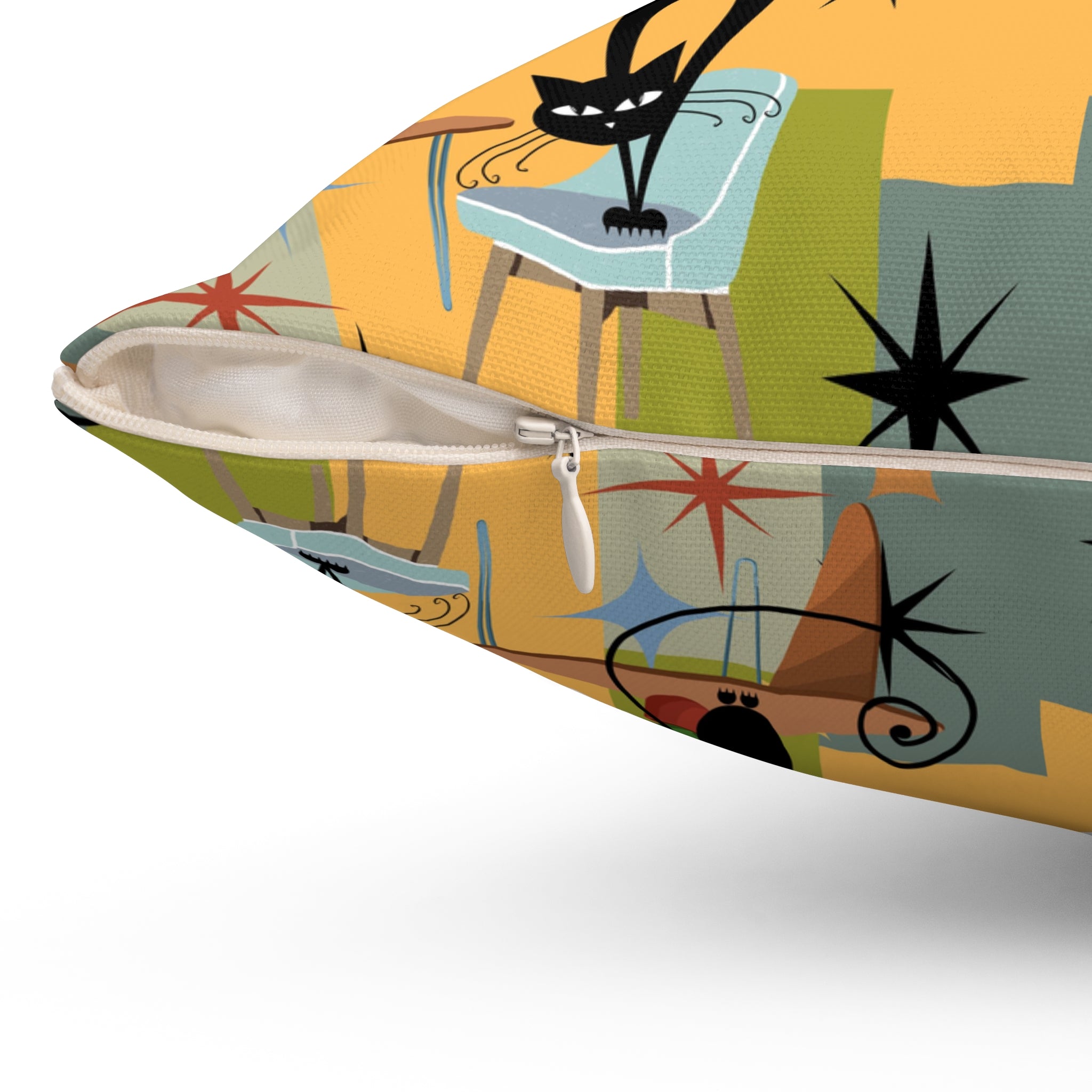 Mid-Century Black Cat Decorative Pillow — Retro Starburst Pattern