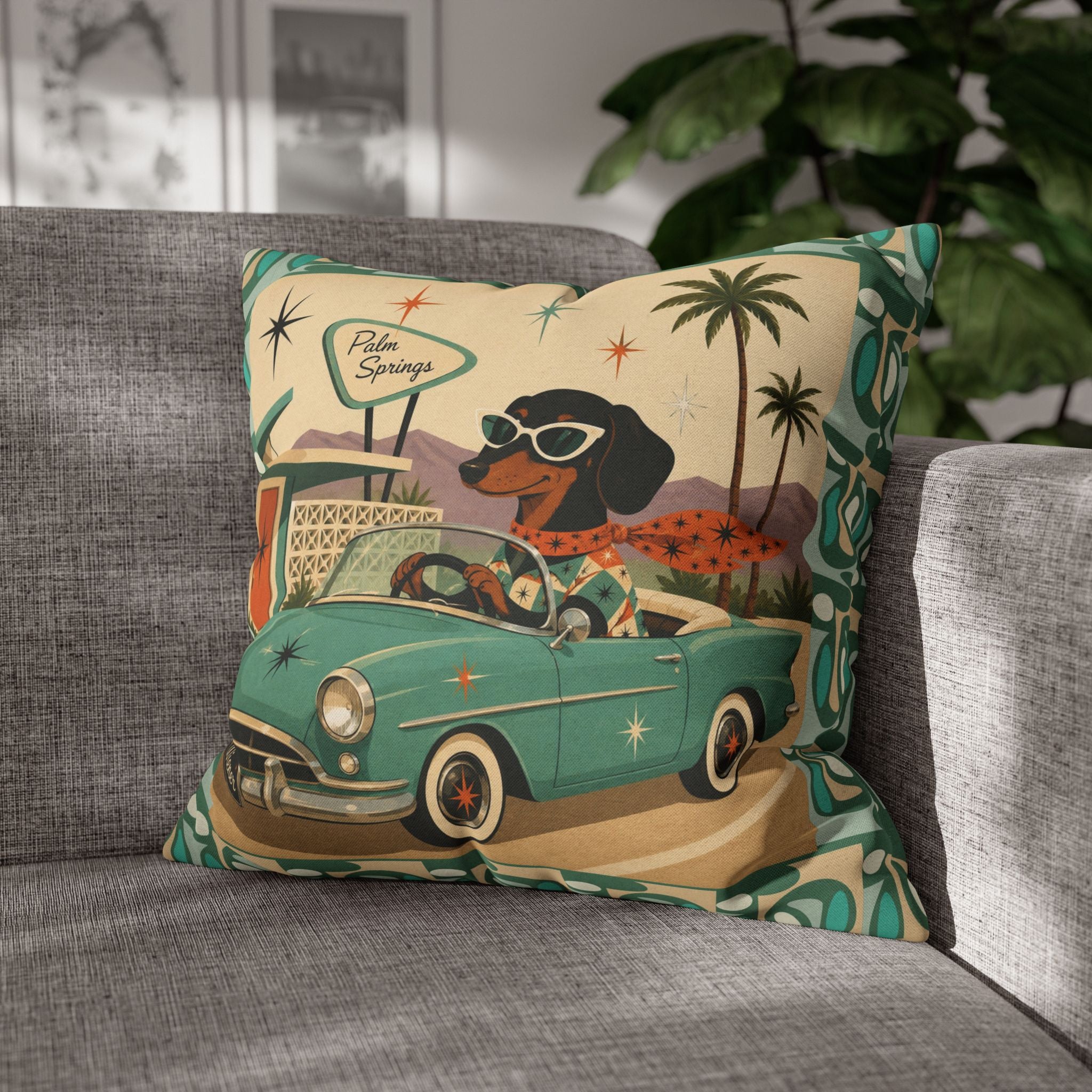 Retro Dachshund Driving Convertible Pillowcase | Palm Springs Vintage Car - COVER ONLY