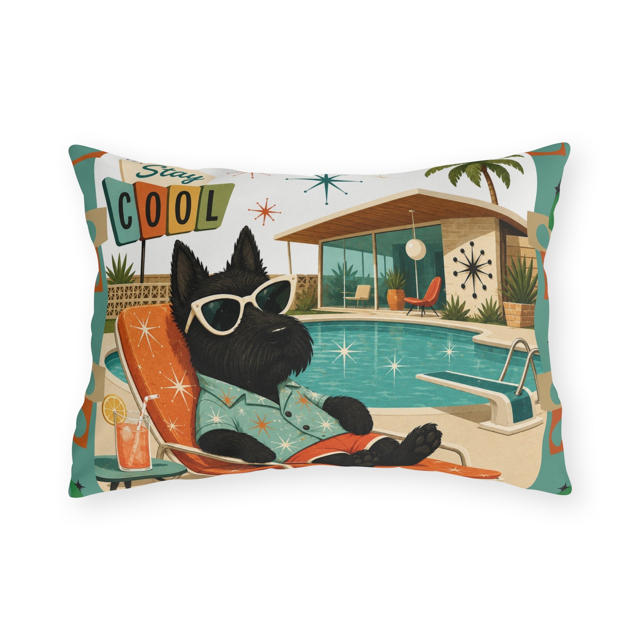 Retro Poolside Scottie Dog Stay Cool Outdoor Pillow | Mid Century Modern