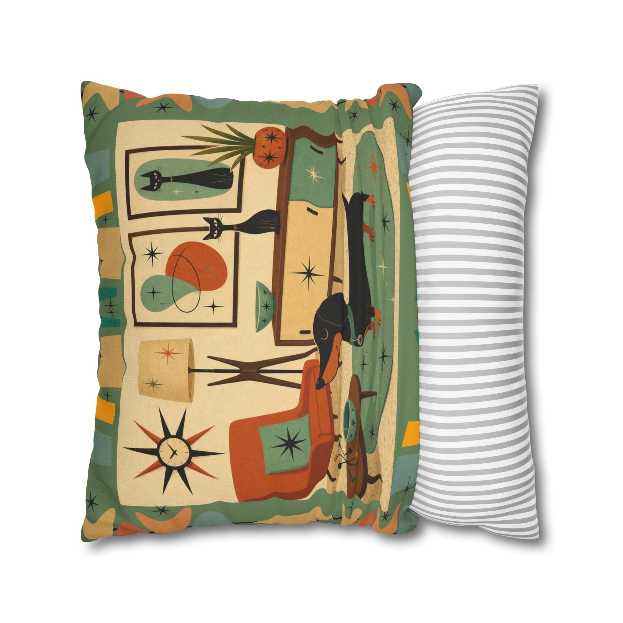 Mid-Century Living Room Dachshund Pillowcase | Square Pillowcase - COVER ONLY