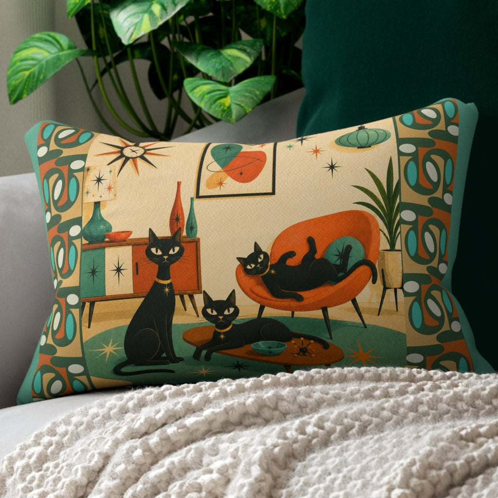 Mid Century Atomic Cats lumbar pillow | retro atomic living room design