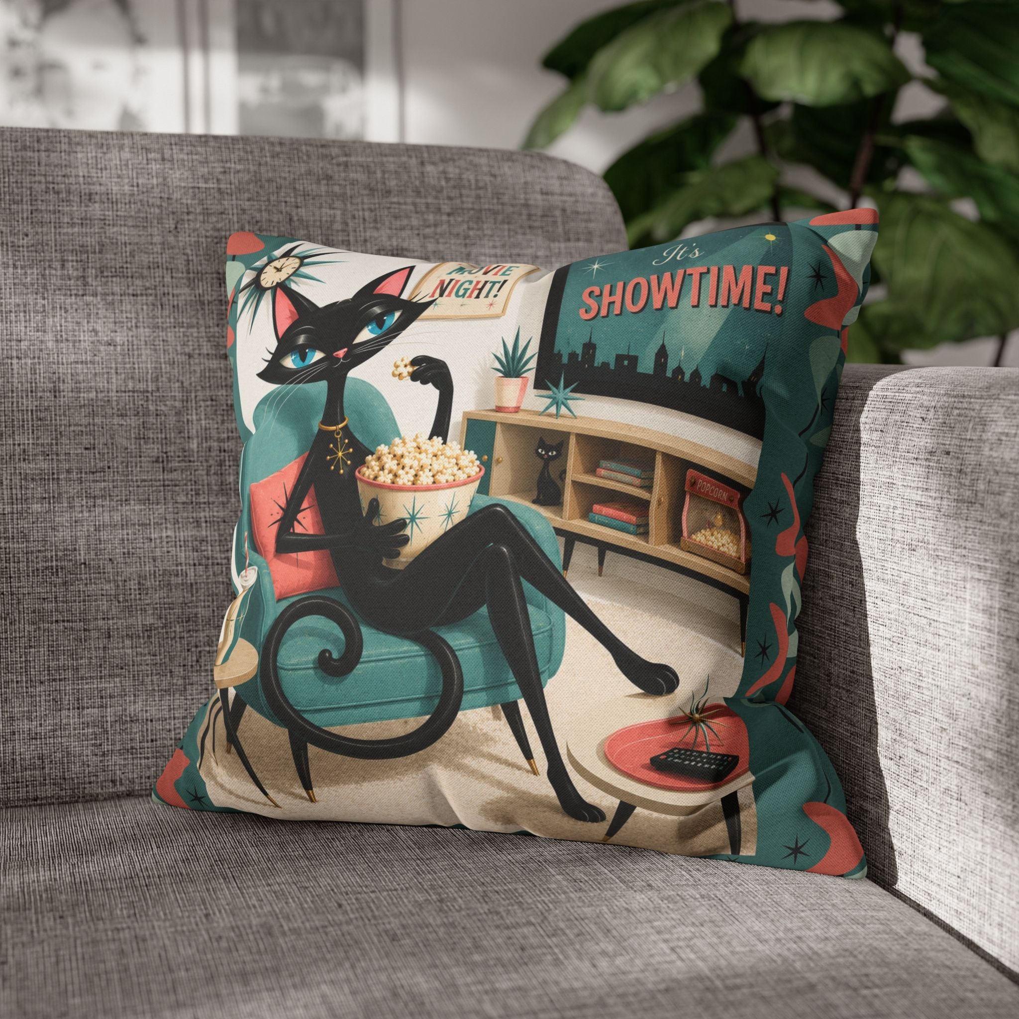 Retro atomic Black Cat Movie Night Pillowcase | MCM Square Pillowcase - Indoor use