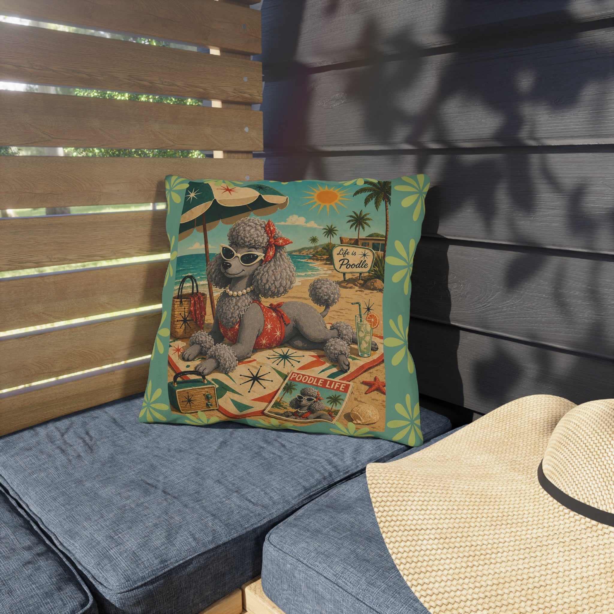Retro Beach Poodle Outdoor Pillow | Vintage MCM Pinup Dog Tropical Scene
