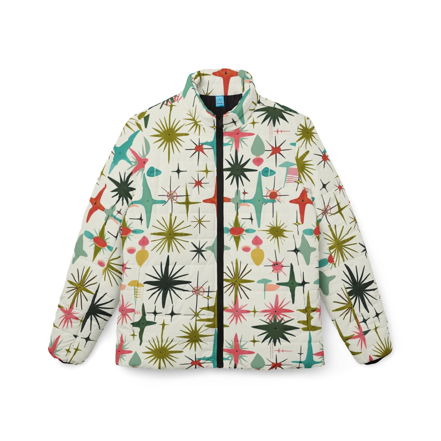 MCM Starburst retro inspired Womens Puffer Jacket, ladies jacket, Mid Century Modern jacket