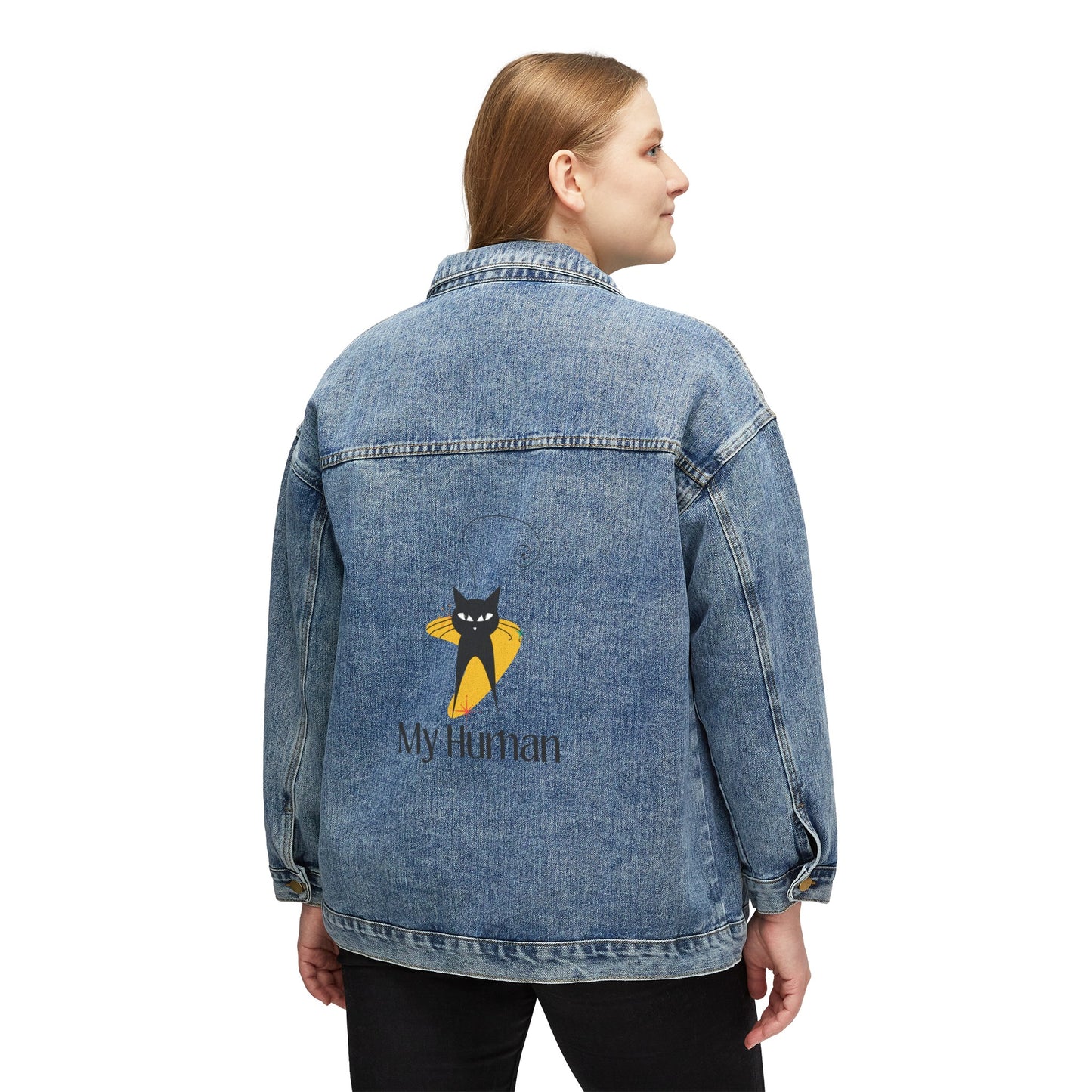 My Human Atomic cat retro inspired 50s 60s Women's Denim Jacket, oversized ladies jacket, Mid Century Modern, black cat lover