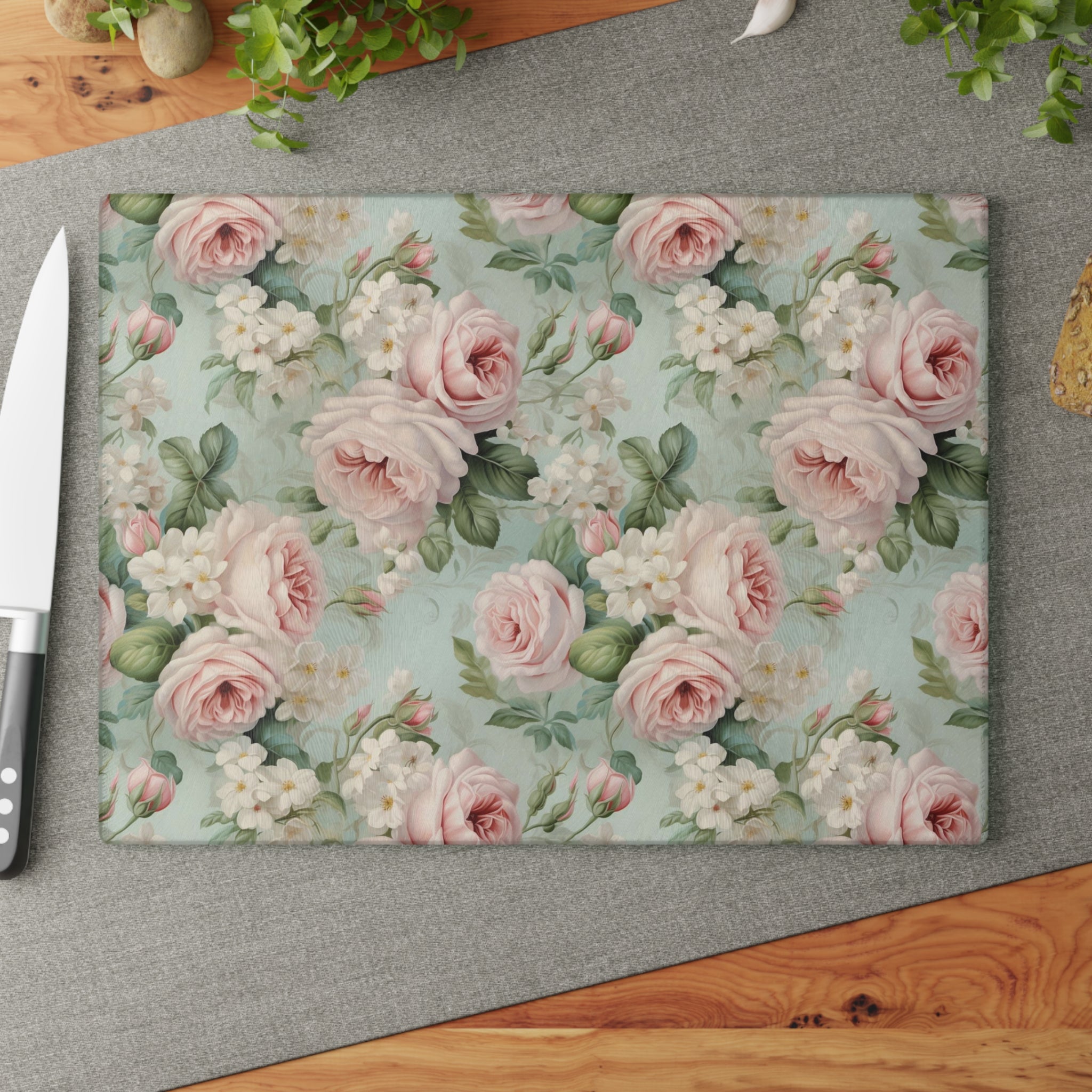 Vintage pink roses shabby chic inspired farmhouse county cottage glass cutting board