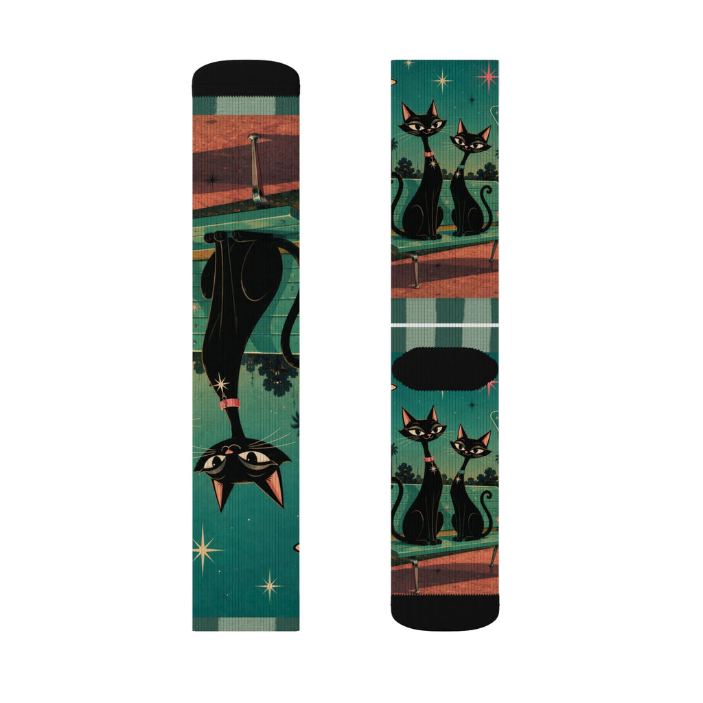 Retro Atomic Black Cats Socks | Teal Night Cat Pattern Sublimation Socks