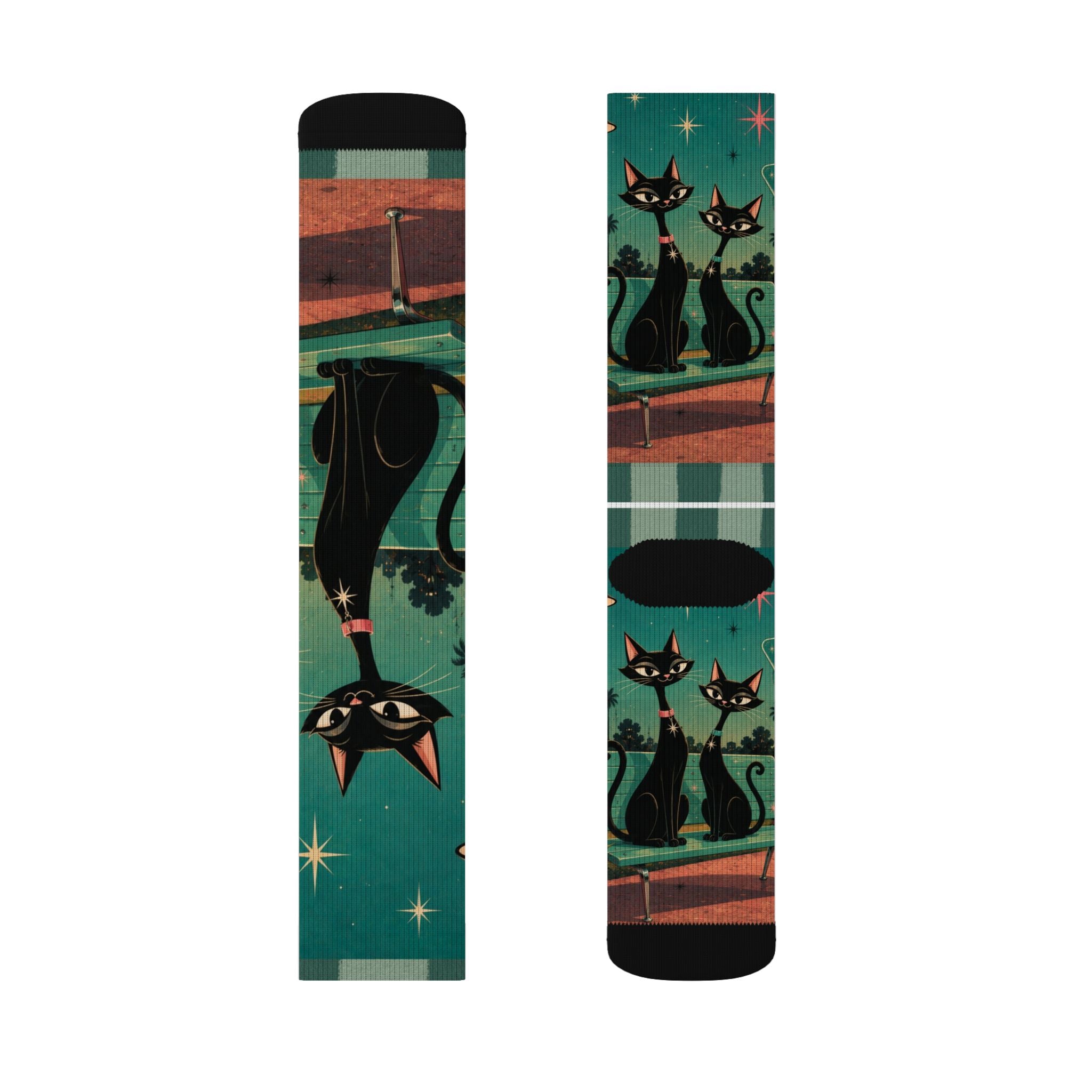 Retro Atomic Black Cats Socks | Teal Night Cat Pattern Sublimation Socks