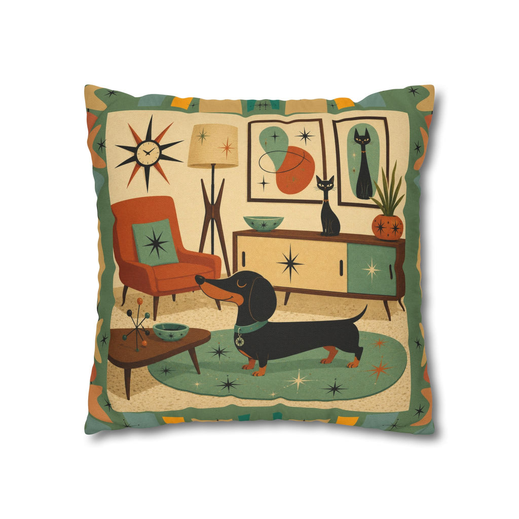 Mid-Century Living Room Dachshund Pillowcase | Square Pillowcase - COVER ONLY