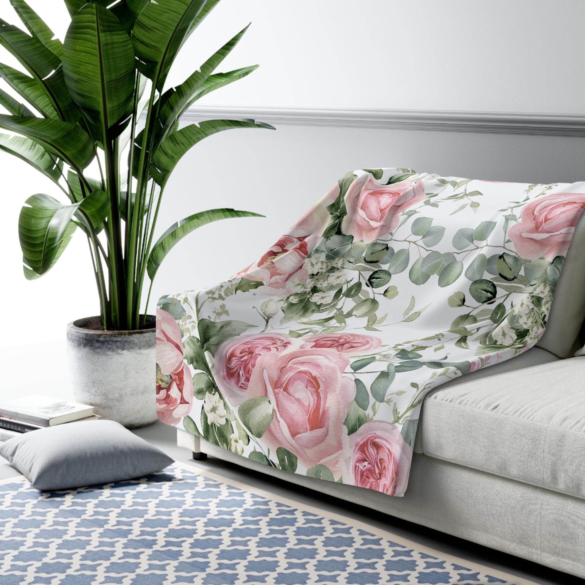 Pink Peony rose Shabby chic Sherpa Fleece Blanket, floral cozy warm soft throw blanket, farmhouse cottage decor