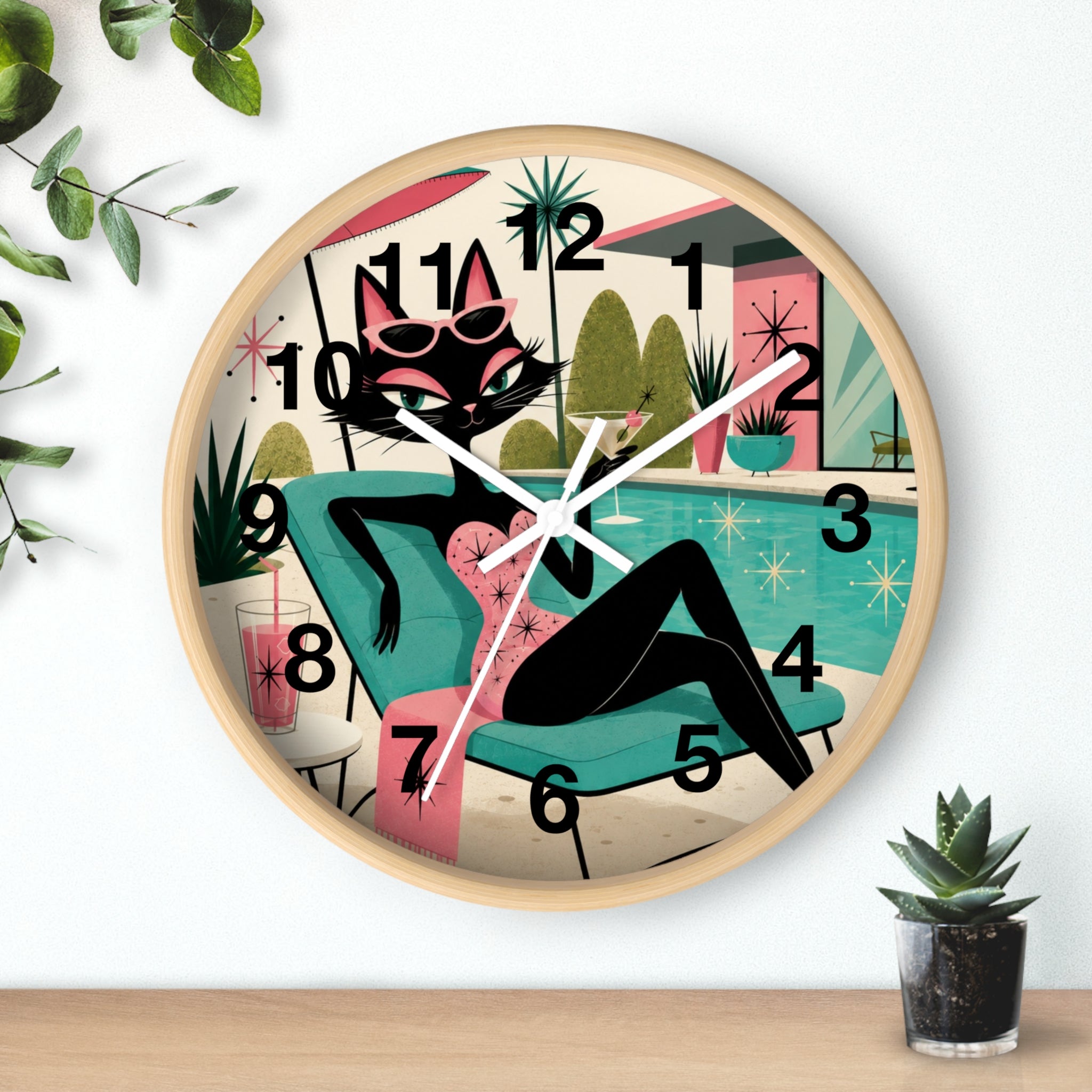 Retro Atomic Cat Lounge Wall Clock | Mid Century Modern Poolside Cat Art