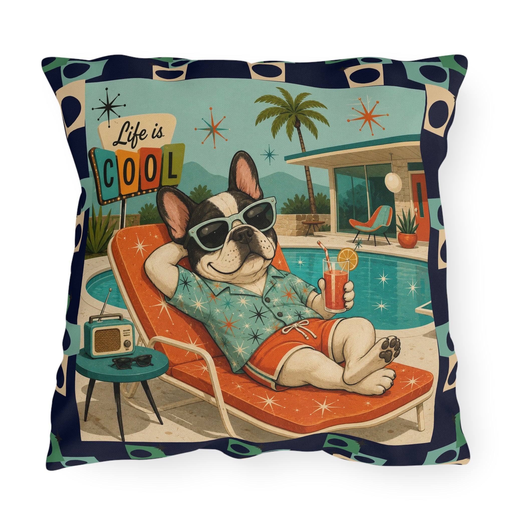 Retro French Bulldog Poolside Lounge Outdoor Pillow | Mid Century Cool