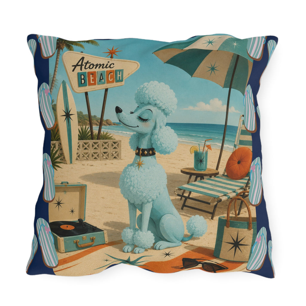Retro Atomic Beach Blue Poodle Outdoor Pillow | Mid Century Coastal Decor