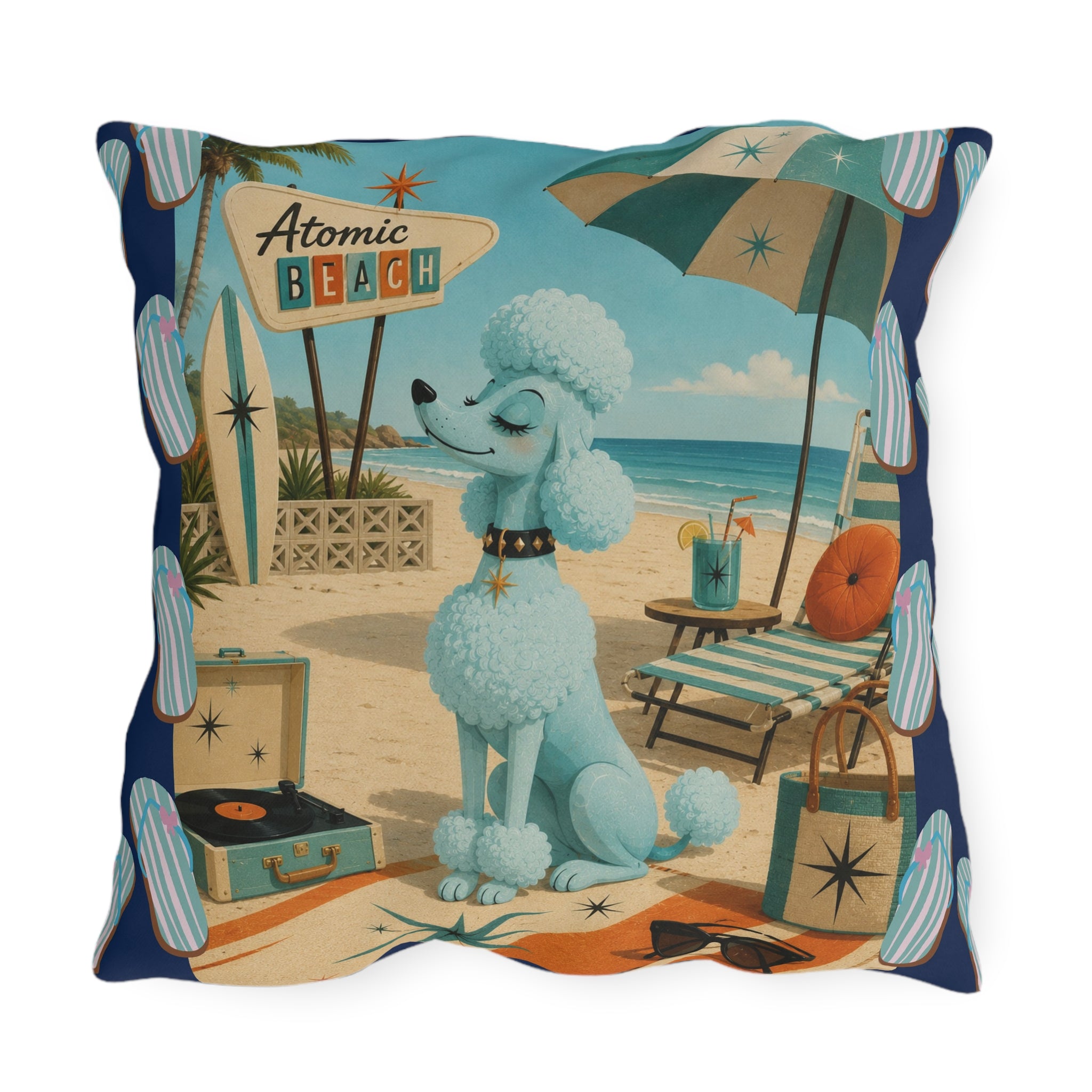 Retro Atomic Beach Blue Poodle Outdoor Pillow | Mid Century Coastal Decor